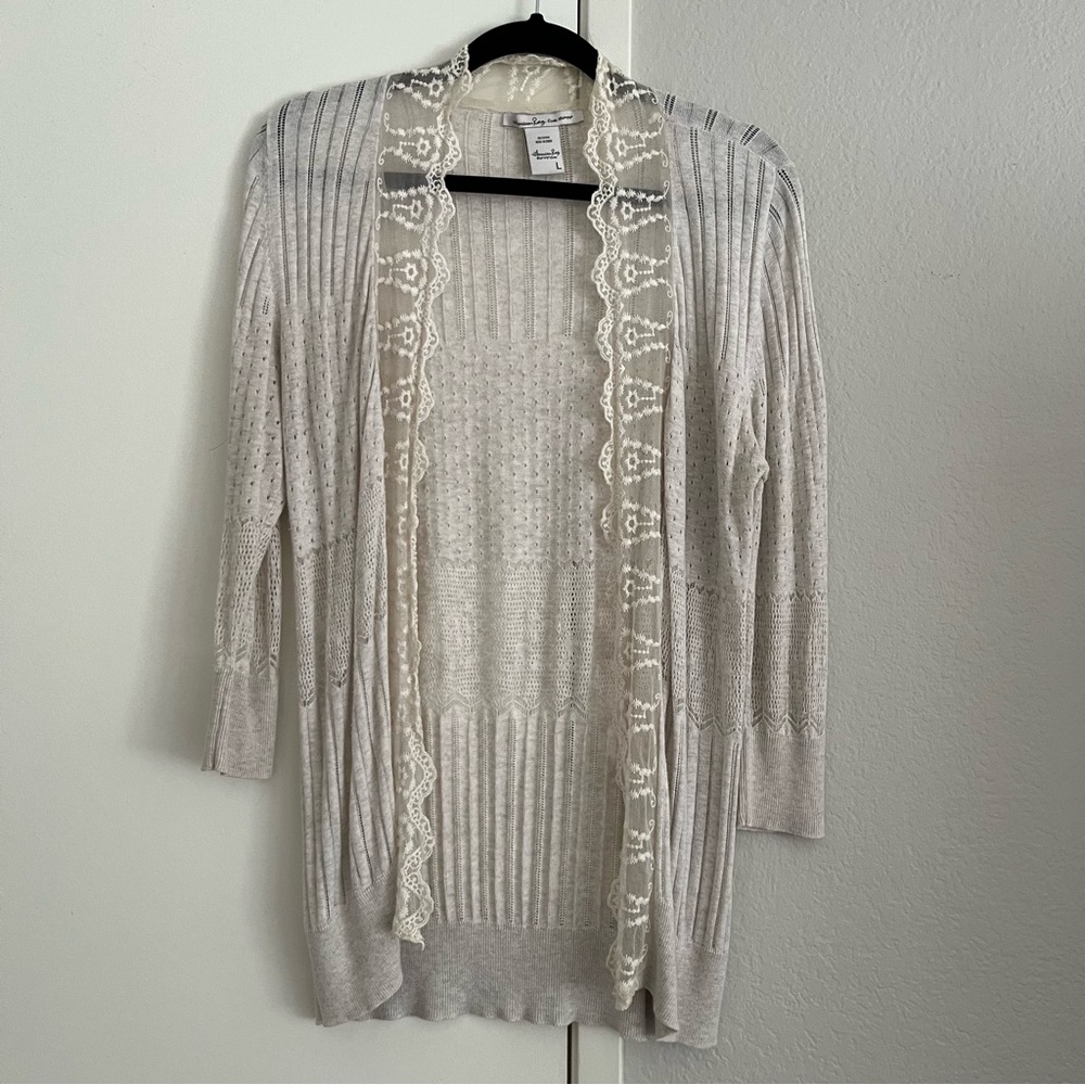 American Rag Boho Oat Cardigan Sweater Lace Trim Size L